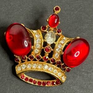Vintage Crown Red Gold Tone Jelly Belly Style Rindstone Brooch Unsigned Estate